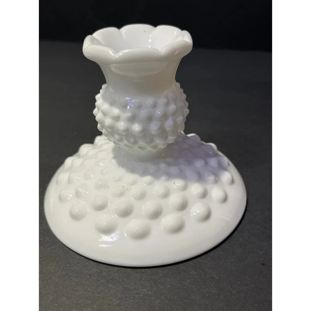 Fenton Milk Glass Hobnail Candlestick Holders White Vintage Mid Century Pair